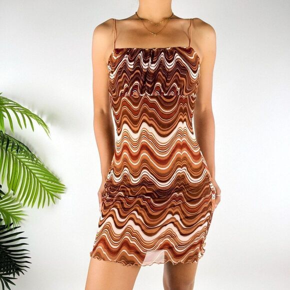Vintage Y2K Brown 70s Style Retro Wavy Bohemian Hippie Groovy Mini Dress / S - Picture 1 of 5